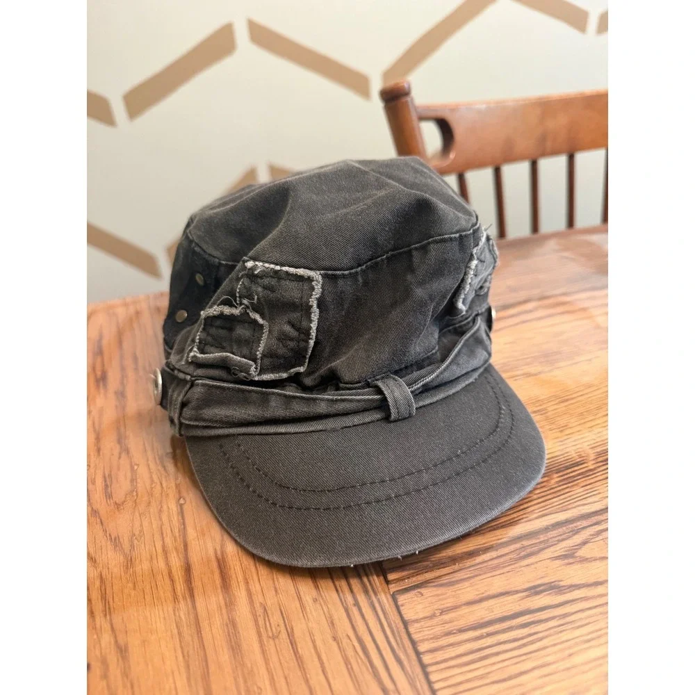 Target Cadet Hat Womens OS Black Distressed Military Cap Button Detail RN17730